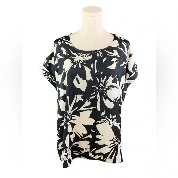 Nine West Black & White Floral Blouse with Cuffed Sleeves (Size XXL) - Picture 1 of 2